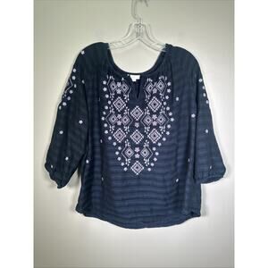 J. Jill Blouse Womens L Blue Striped‎ Purple Embroidered Tunic Top Boho